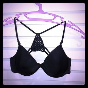 Black bikini swim top with rope knot in back, 34C